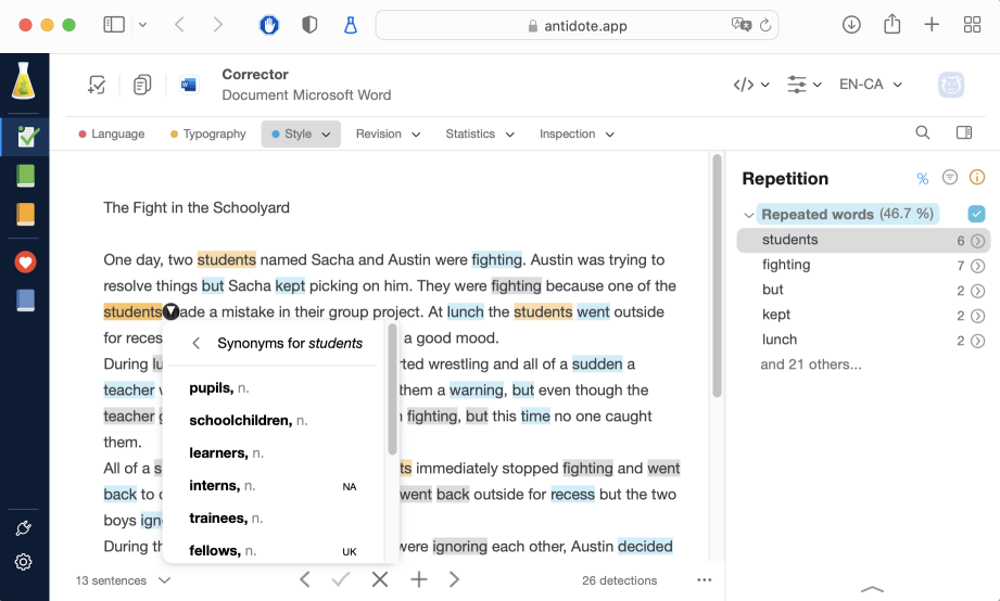 Synonyms command in the tooltip