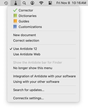 Mac Antidote Agent menu