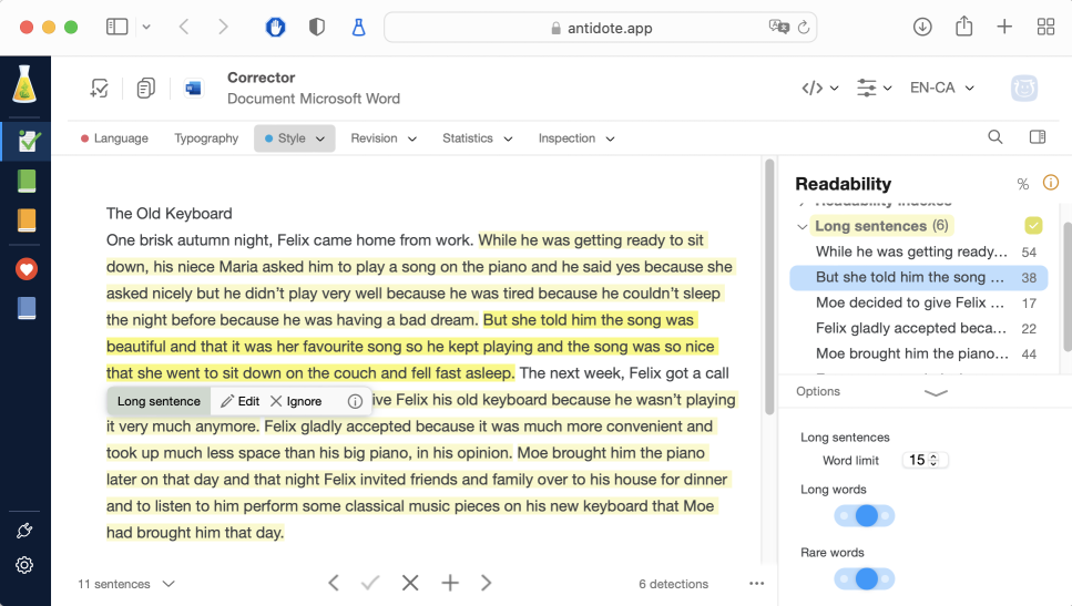Detection of long sentences and tooltip commands