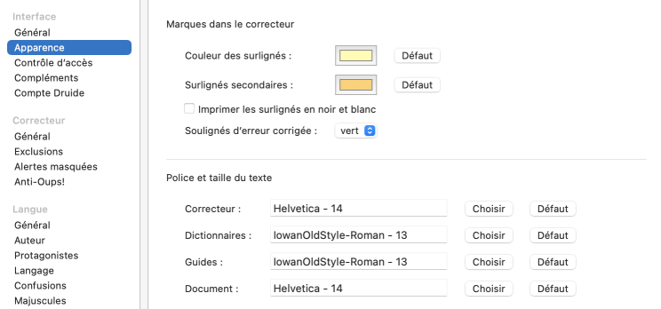 Réglages d’interface — Apparence
