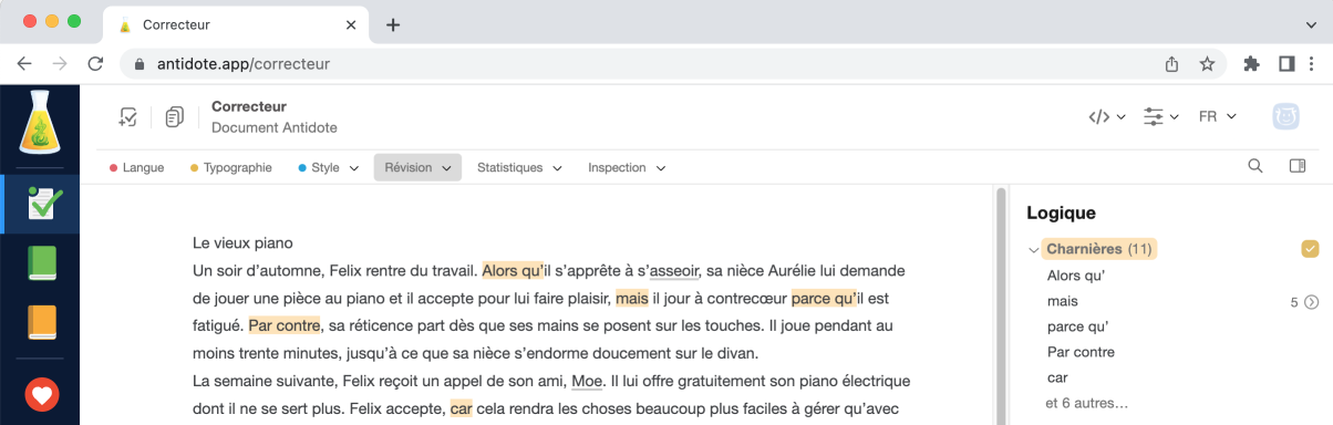 Filtre **Logique** du correcteur d’Antidote Web