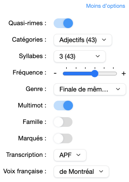 Panneau des options