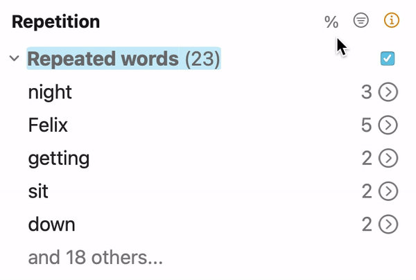 Results displayed as a percentage in the Repetitions filter